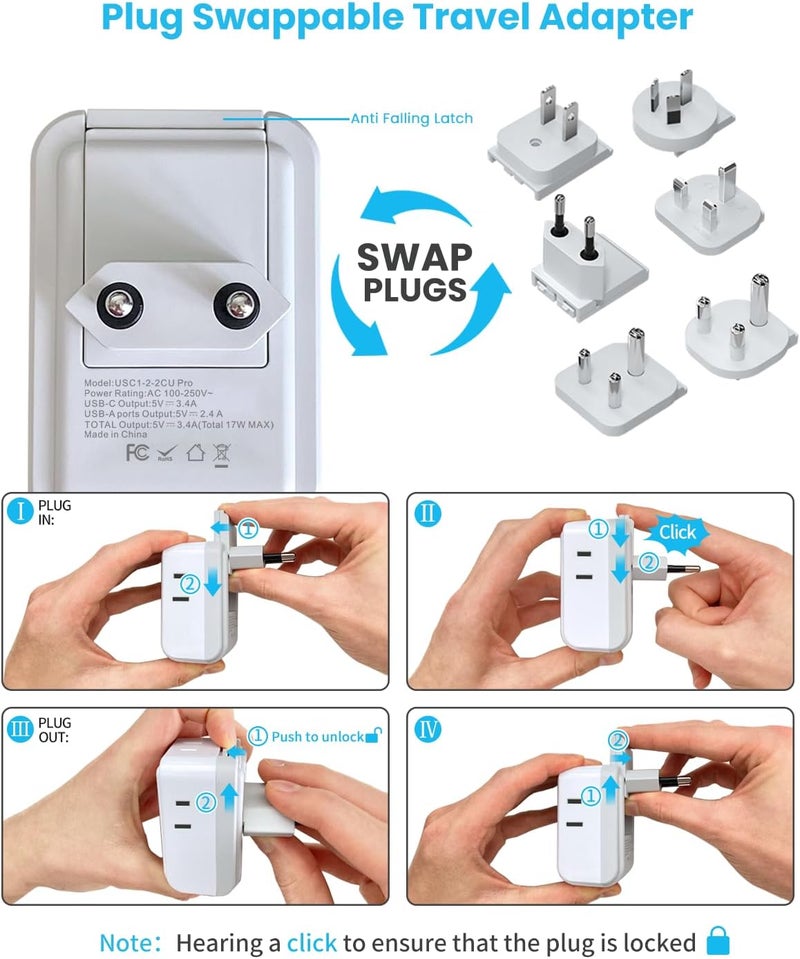 VINTAR مجموعة محول السفر العالمي، محول طاقة دولي مع 3 منافذ USB (2 USB C) و 4 مآخذ AC، ملحقات قابلة للفصل من نوع A، C، G، D، I، M، محول سفر عالمي للولايات المتحدة/الاتحاد الأوروبي/المملكة المتحدة/الهند/أفريقيا - Image 2